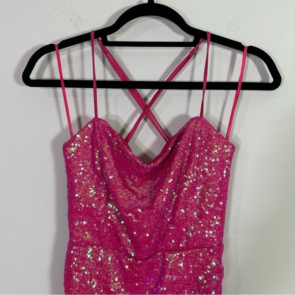 Fashion Nova Pink Sequin Ruched Backless Spaghetti Strap Mini Dress - Picture 2 of 8